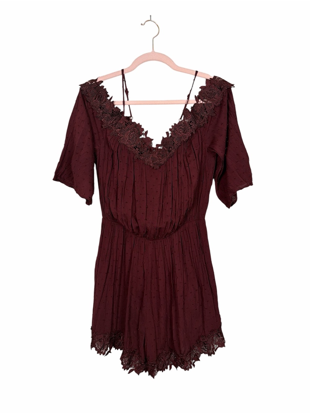 Ark & Co Burgundy Lace Trim Romper Medium Boho Swiss Dot Festival Romantic